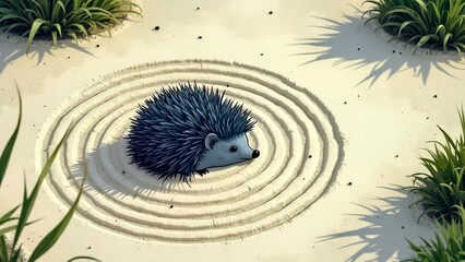 Minimally designed sand court with blue hedgehogs curled up to rest