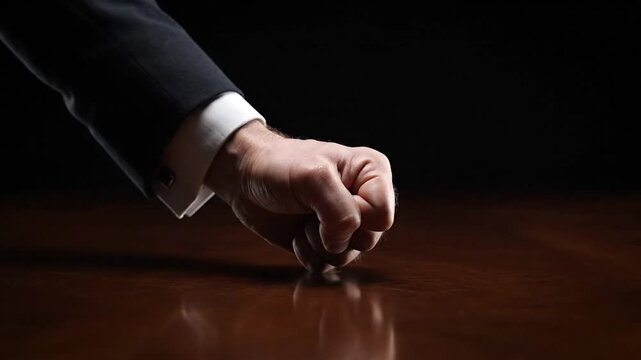 Fist slamming onto a dark, polished wooden surface, wearing suit