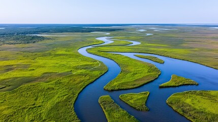 Aerial view of a winding river through lush green wetlands, showcasing vibrant nature and diverse ecosystems under a clear blue sky.