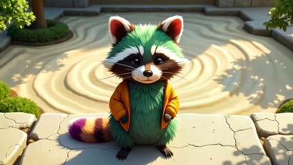 In the sandy courtyard, the colorful raccoon sits with its knees crossed