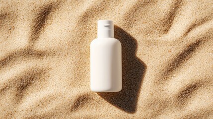 A minimalist white bottle rests on textured sand, suggesting themes of beach, skincare, and relaxation under sunlight.