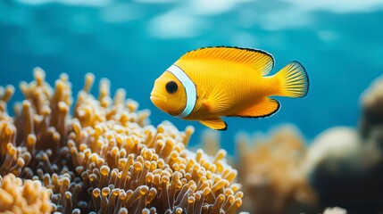 A vibrant orange clownfish swims among colorful sea anemones in a clear blue ocean, showcasing marine beauty and biodiversity.