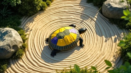 In the warm sand court, the colorful shell turtle lies quietly beside the stone