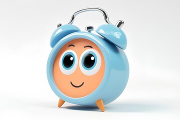 Blue alarm clock with happy face on white background. 3d illustration