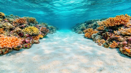 A vibrant underwater scene featuring colorful coral reefs and sandy seabed, showcasing the beauty of marine life and ecosystems.