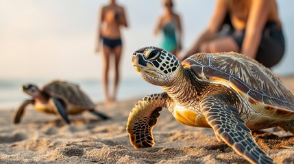 A sea turtle crawls on the sandy beach, with people in the background enjoying the sun and surf during a warm, vibrant day.