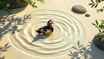 Amidst the barren mountains and waters, colorful mandarin ducks stand alone on the sandy surface