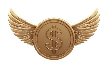 Golden dollar coin with wings isolated on white background. 3d illustration