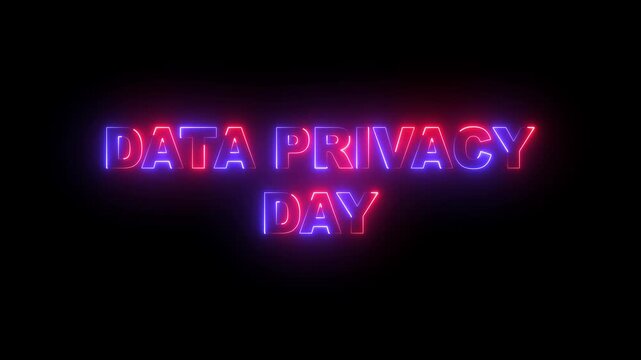 Glowing neon red and blue color Data Privacy day icon animation on black background.4k motion video animation.