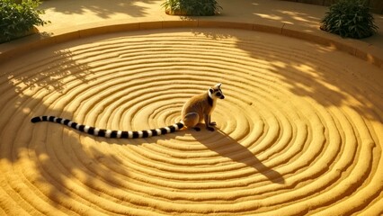 Zen inspired sand court, central tail lemur curled up and sneaked around