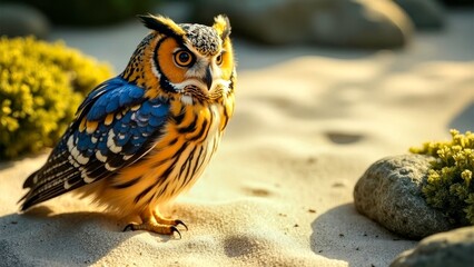 Amidst the withered mountains and rivers, colorful owls stand still on the sandy surface