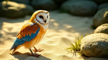 The colorful feathered owl stands beside the stone in the Zen sand court