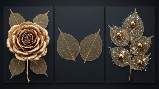 Golden rose and leaves  triptych artwork with dark background
