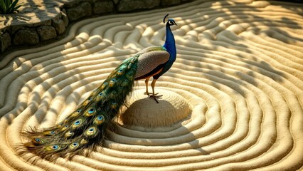 In the sand patterned courtyard, colorful peacocks hang their tails and rest
