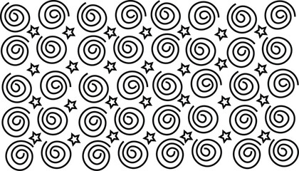 Black and white pattern of spirals and stars