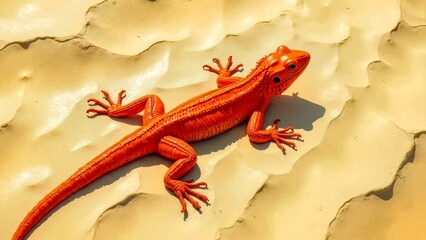 The red striped lizard crawls sideways in the sandy courtyard