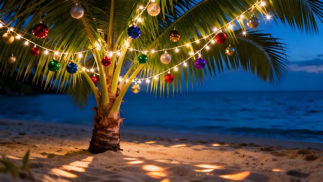 Short-trunked Areca catechu palm tree on a sandy beach, decorated with colorful Christmas ornaments and glowing garlands, evening ocean background, festive tropical holiday, realistic lighting.