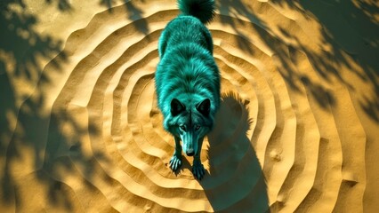 Amidst the Zen inspired sand court, the colorful crocodile crouched down and stealthily roamed