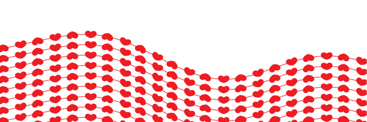 Red Heart  Border. Seamless row of red heart with strings on white background, expressing love, romance, celebration, and Valentine themed decoration.

