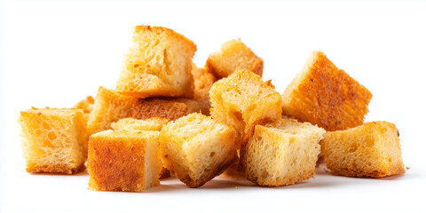 pile of golden toasted bread croutons on a white surface