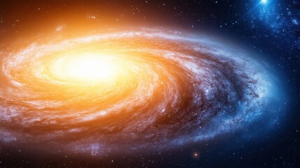 Fototapeta premium Celestial Spiral: A breathtaking view of a vibrant spiral galaxy, its swirling arms radiating with brilliant light, a cosmic dance of stars and celestial wonder.
