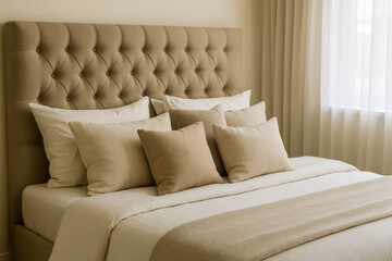 Obraz premium Cozy bedroom setup with elegant tufted headboard and pillows