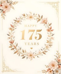 Obraz premium Happy 175 years anniversary design with an elegant floral wreath and golden details. 175 Years