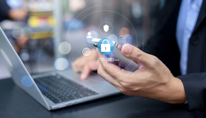 close up man hand use digital tablet to access account on social media network website with virtual icon of PDPA for security personal information concept