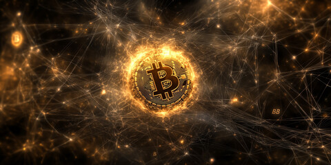 Bitcoin digital currency symbol surrounded by glowing network connections