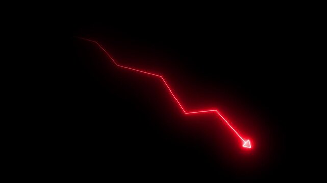 Glowing red neon downward graph with arrow indicating decline, loss, and negative trends on a dark, abstract background, perfect for conveying risk, crisis animation. 4k