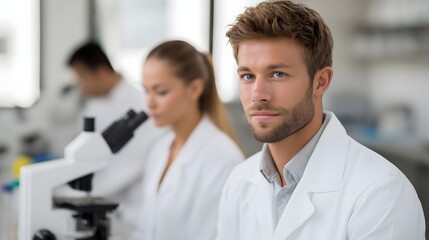 Fototapeta premium A focused male scientist in a lab coat looks directly at the in a bright modern laboratory setting