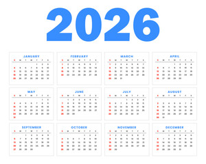 2026 calendar full page template with a simple grid layout on a white background.
