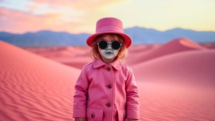 Pink clad figures stand still in the red brown sand dunes