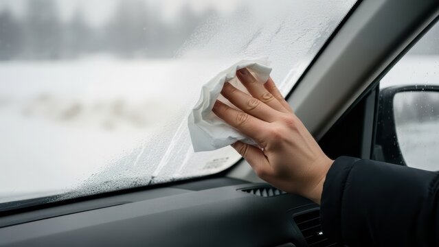 Close-up of a hand wiping frost off a car window.
