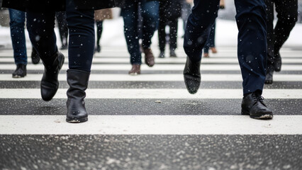 This is a photo of the legs of office workers crossing a crosswalk.
