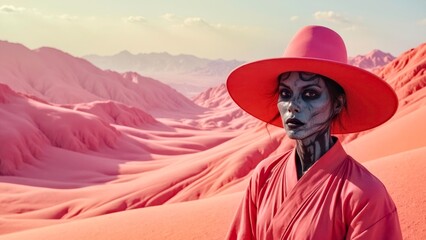 Pink clad characters wearing hats stand still in the red and yellow sand dunes