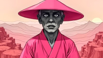 Pink clad figures stretch their arms in the red striped cliff