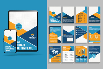 12 pages Annual Report Template Corporate Ebook Template. This layout Blue yellow color Digital Brochure is suitable for Mac, Macbook, Ipad, Tablet, Computer