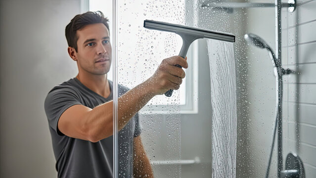 Man cleaning glass shower with squeegee in modern bathroom  