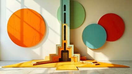 Indoor decoration painting of colored circular tower shaped mechanical device