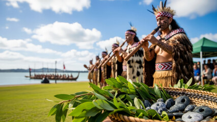 Waitangi Day celebration with Maori performers playing traditional instruments, Waka boat and pounamu stones in New Zealand.