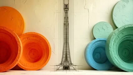 Indoor decoration illustration of colored round iron tower installation