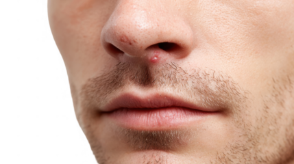 Close up view of a woman's chin displaying a herpes cold sore, isolated on a transparent background, emphasizing a prevalent skin condition often causing discomfort and inflammation