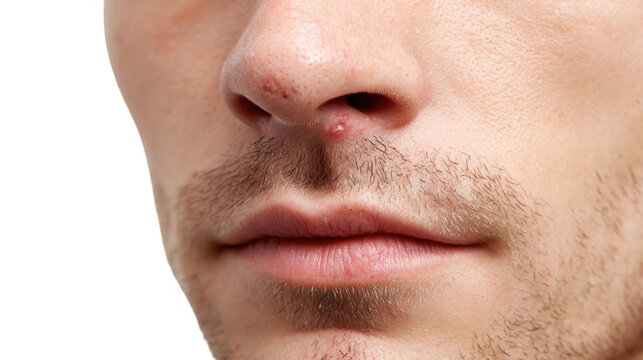 Close up view of a woman's chin displaying a herpes cold sore, isolated on a transparent background, emphasizing a prevalent skin condition often causing discomfort and inflammation