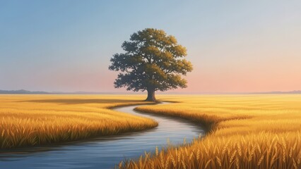 Serene landscape with tree and river in golden field