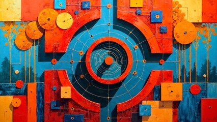 Red and blue round block art decoration abstract illustration