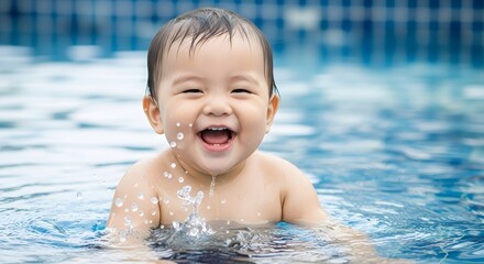 Happy baby boy splashing water in swimming pool