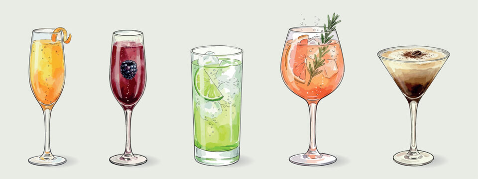 French cocktails set Mimosa, Kir Royale, Chartreuse Tonic, Pamplemousse Spritz, Cafe au Lait Cocktail watercolor vector illustrations isolated on light background