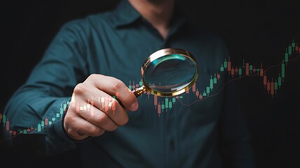 Financial market analysis with magnifying glass and stock chart
