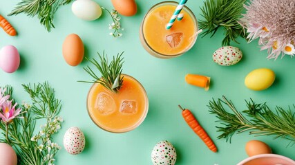 Vibrant easter arrangement with fresh juice, carrots, and colorful decor on pastel background